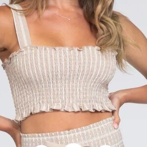 Rewash Smocked Stretch Beige Striped Crop Top, Size L